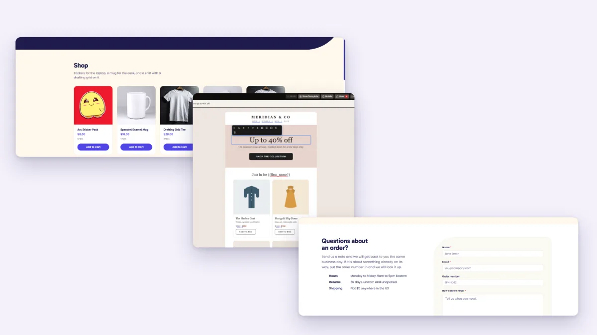 Three Spandrel screens layered together: a storefront, a contact form, and the email builder.