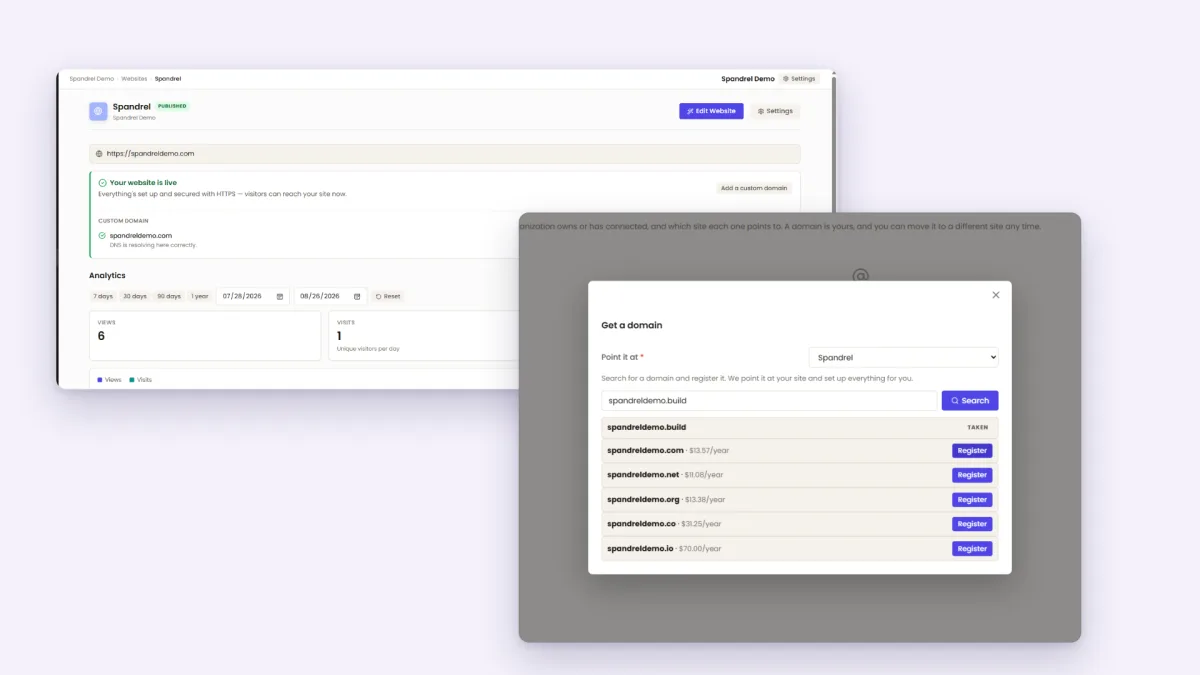 A published site on its own domain with SSL, and the search for buying a new one.