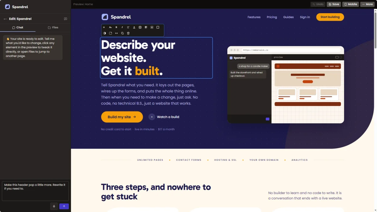 The Spandrel editor: a chat panel on the left asking for a change, and the site redrawing on the right.