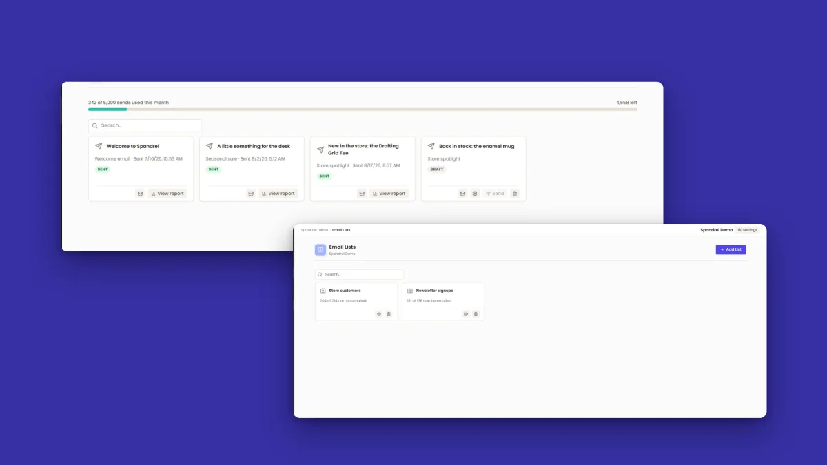Sent email campaigns with their results, and the contact lists they were sent to.