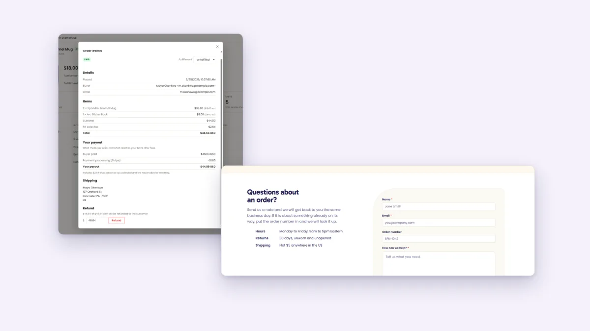 An order opened in the Spandrel dashboard, with a website's contact form layered in front.