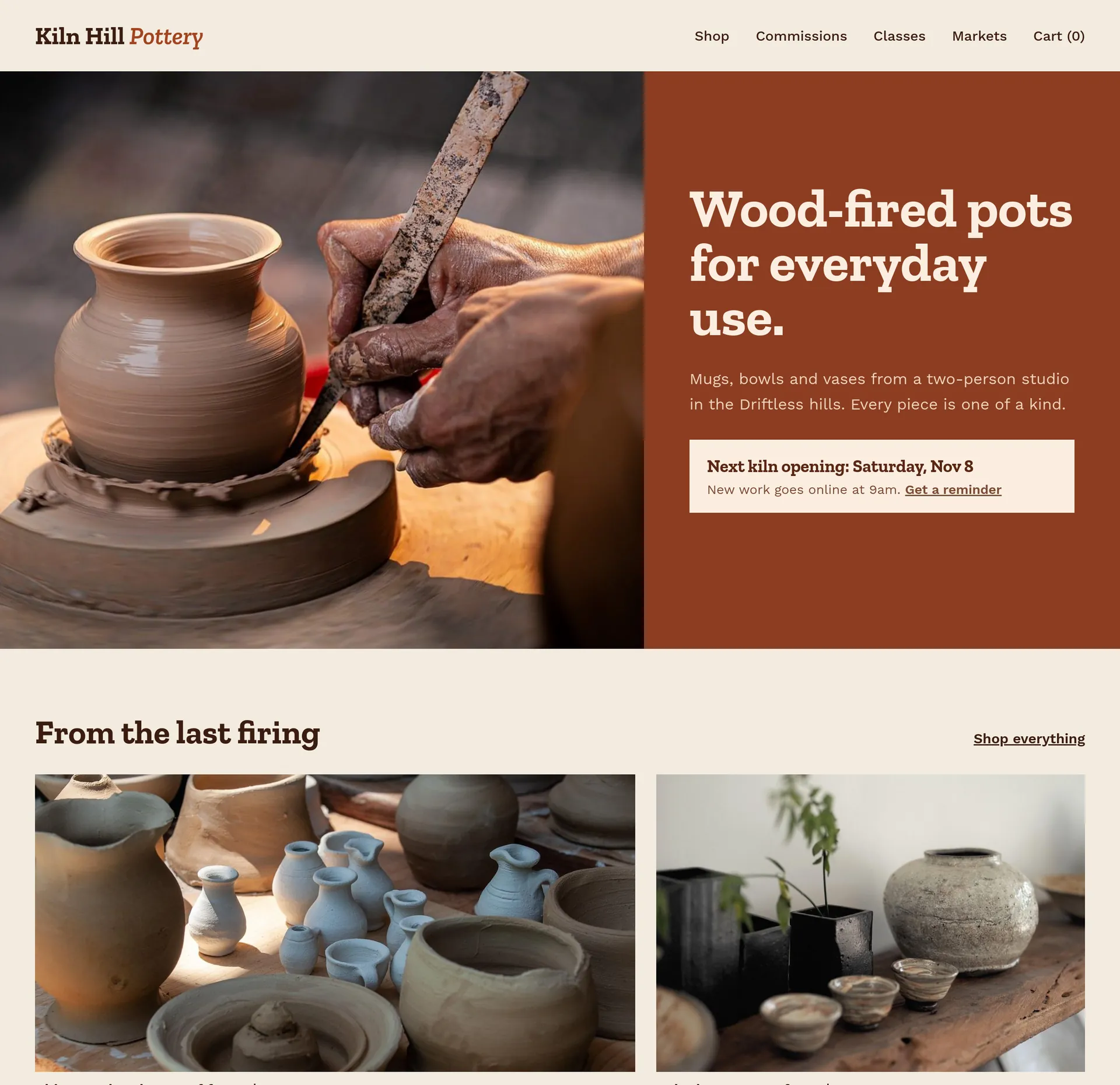 An example homepage for artists and makers, with a large photo, a headline and the next section below