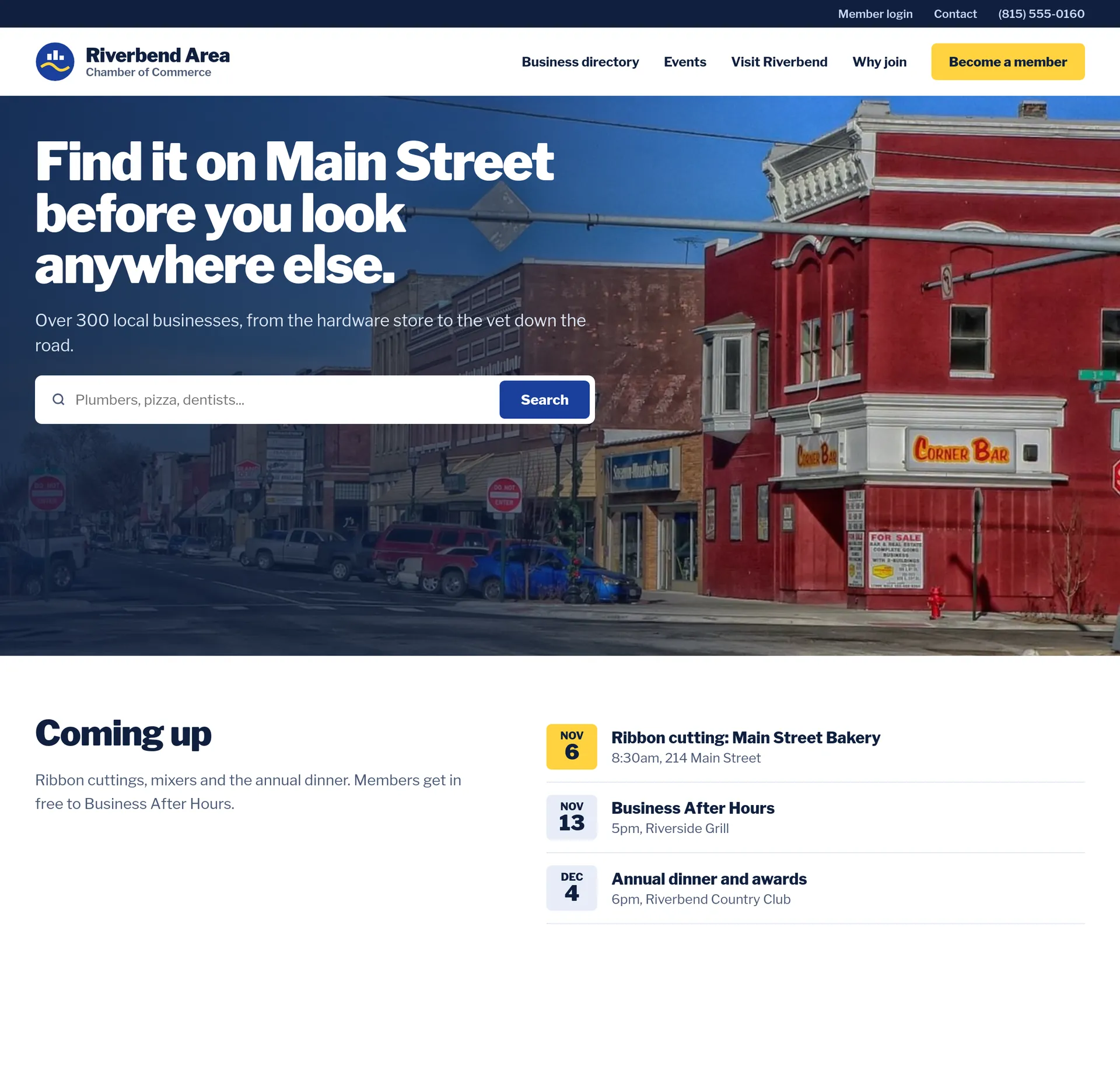 An example homepage for chambers of commerce, with a large photo, a headline and the next section below