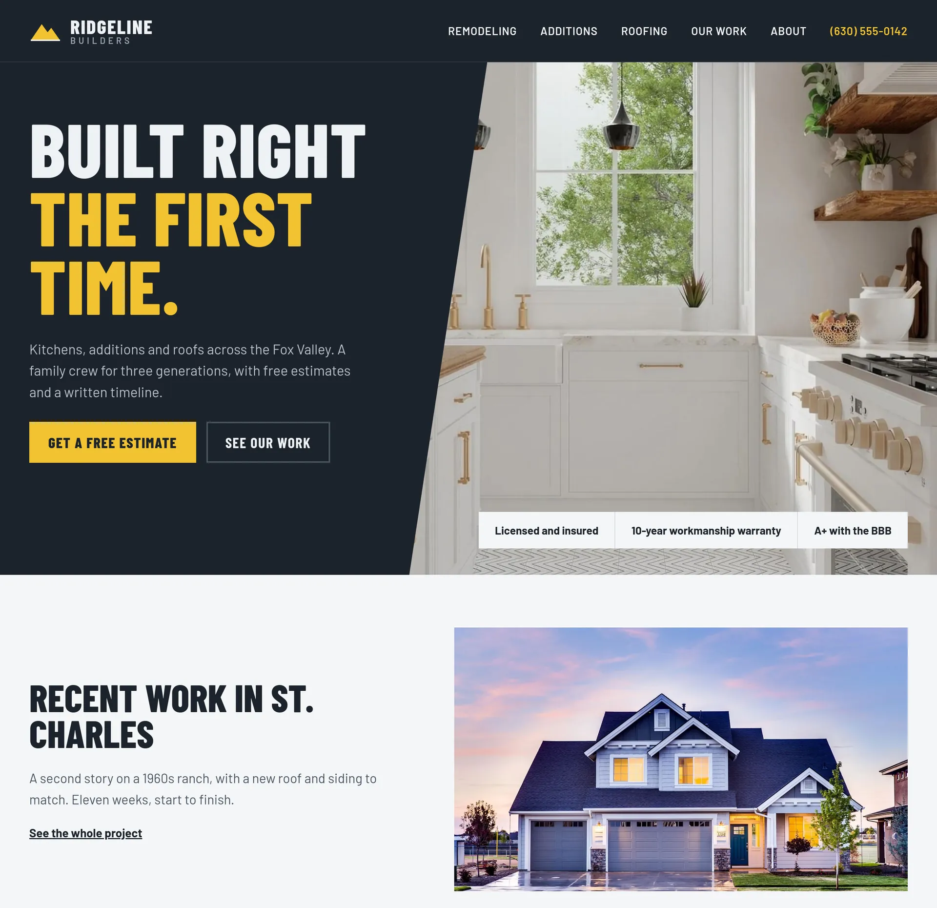 An example homepage for contractors and trades, with a large photo, a headline and the next section below