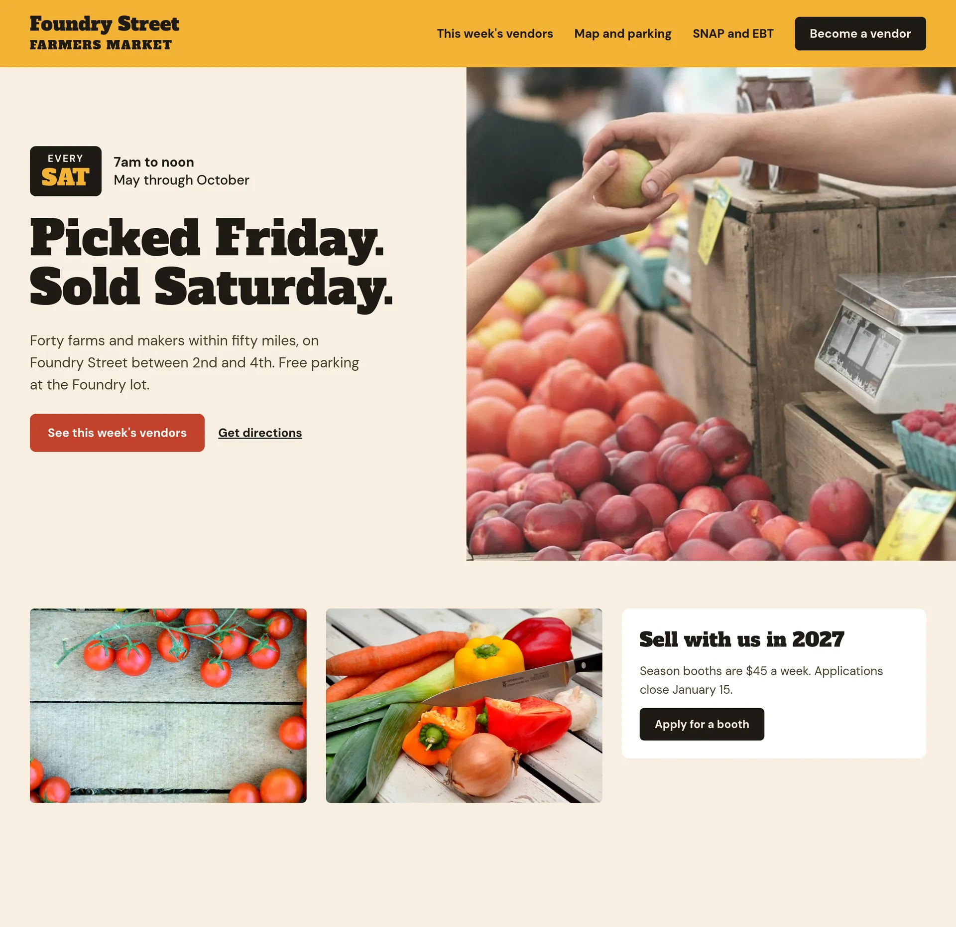 An example homepage for events, festivals and venues, with a large photo, a headline and the next section below