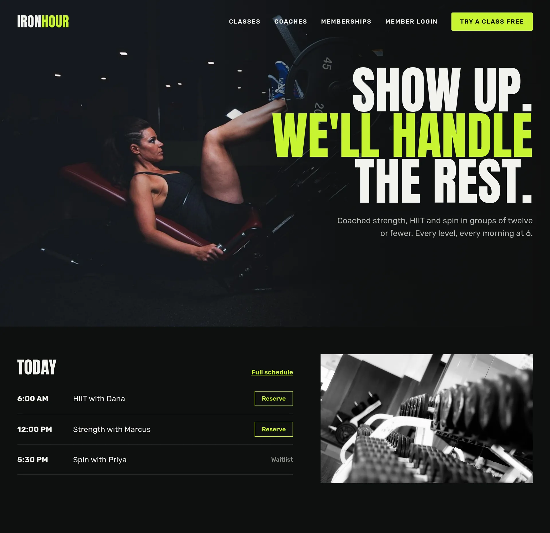 An example homepage for gyms, studios and trainers, with a large photo, a headline and the next section below