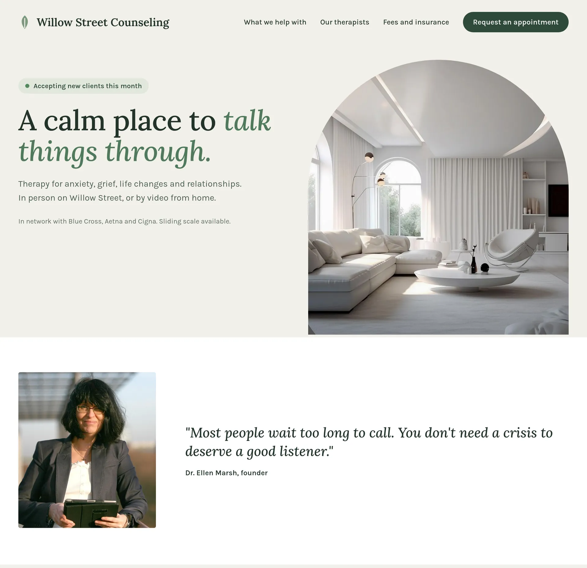 An example homepage for therapists and health practices, with a large photo, a headline and the next section below
