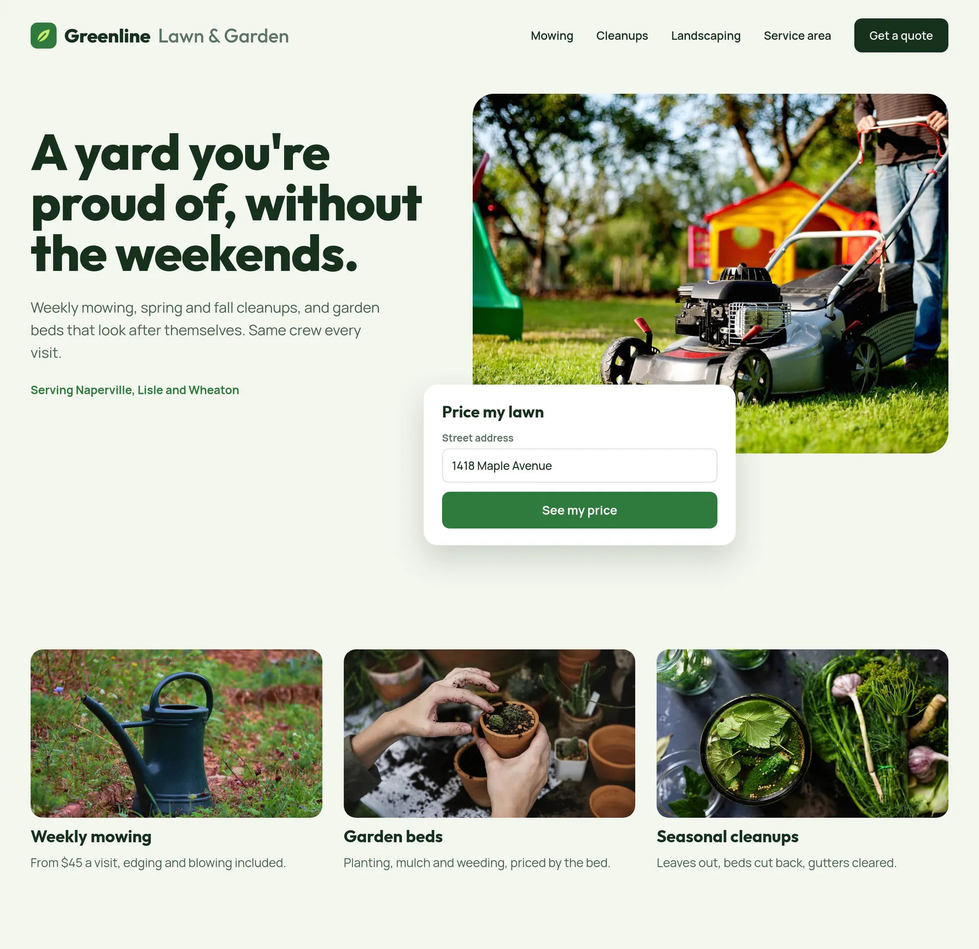 An example homepage for home service businesses, with a large photo, a headline and the next section below