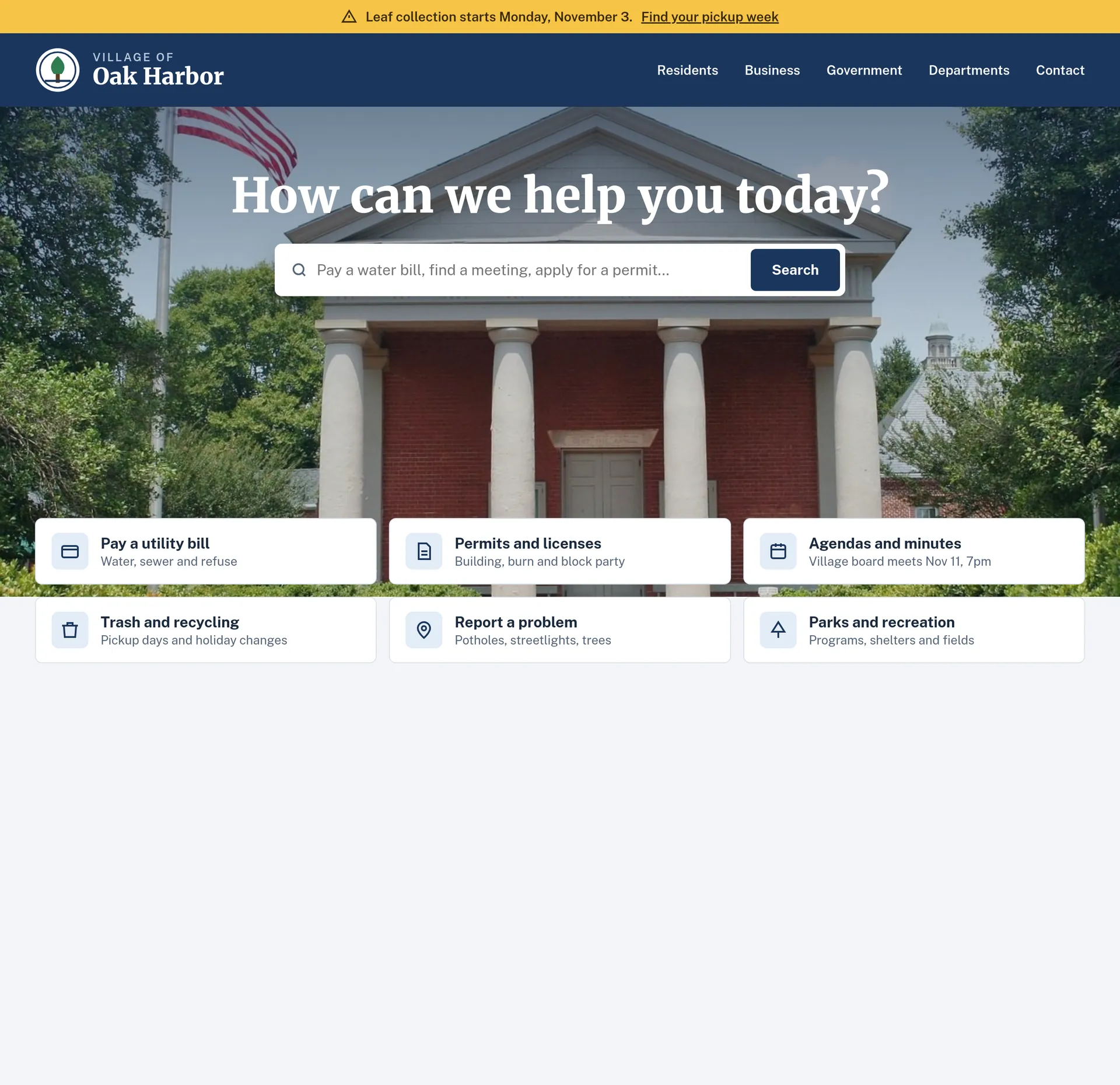 An example homepage for towns and local government, with a large photo, a headline and the next section below