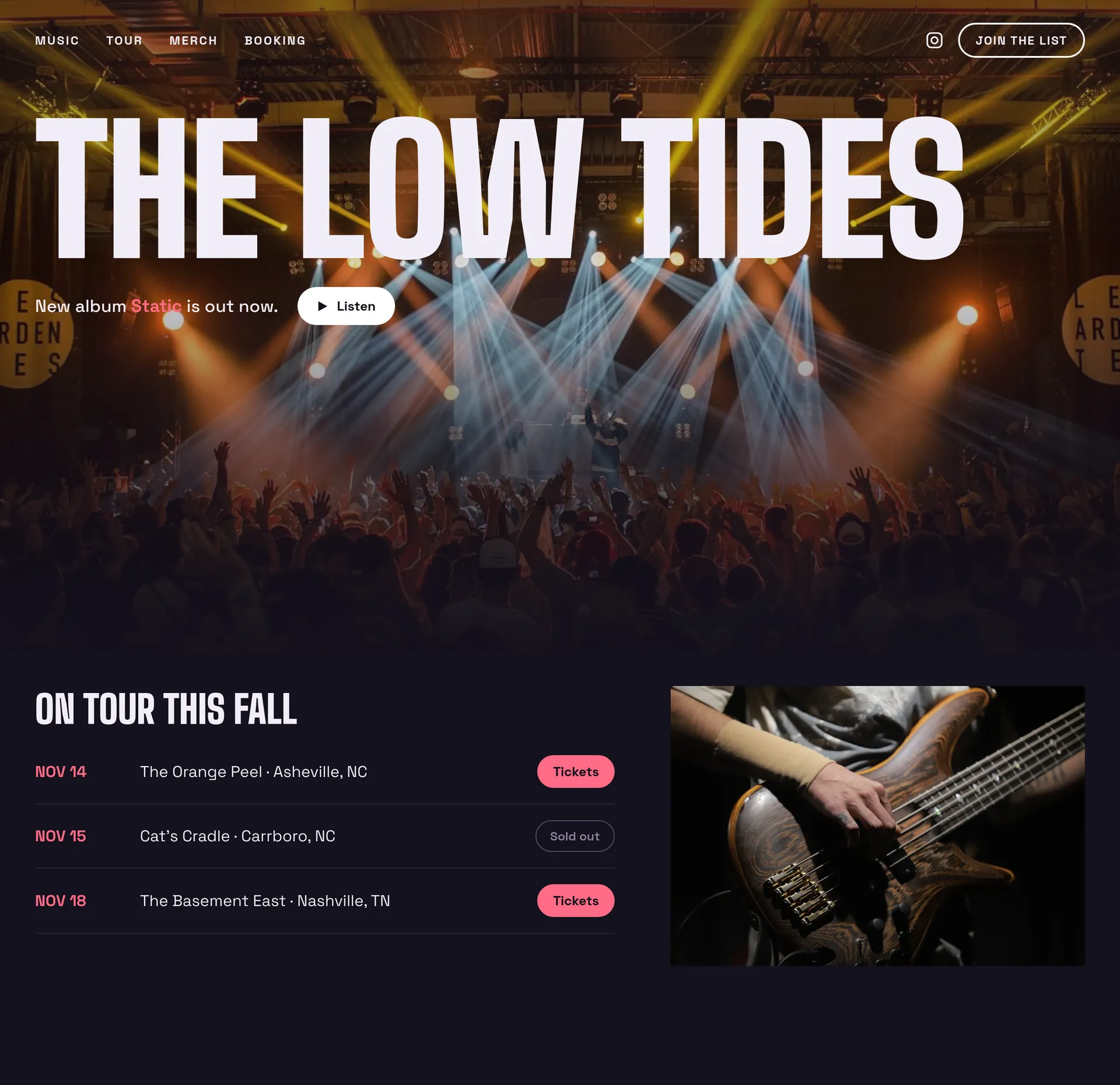 An example homepage for musicians, bands and DJs, with a large photo, a headline and the next section below
