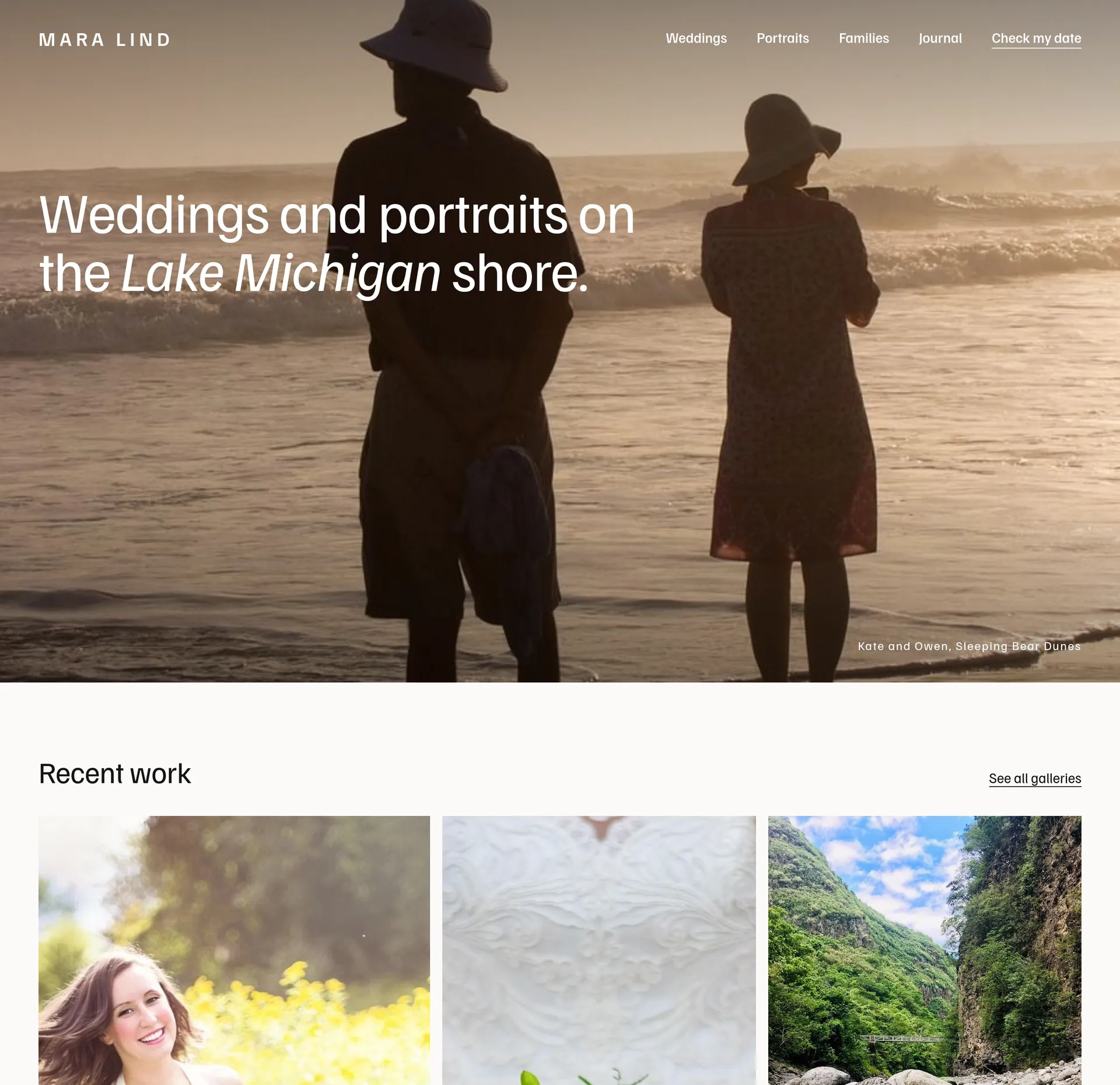 An example homepage for photographers and filmmakers, with a large photo, a headline and the next section below