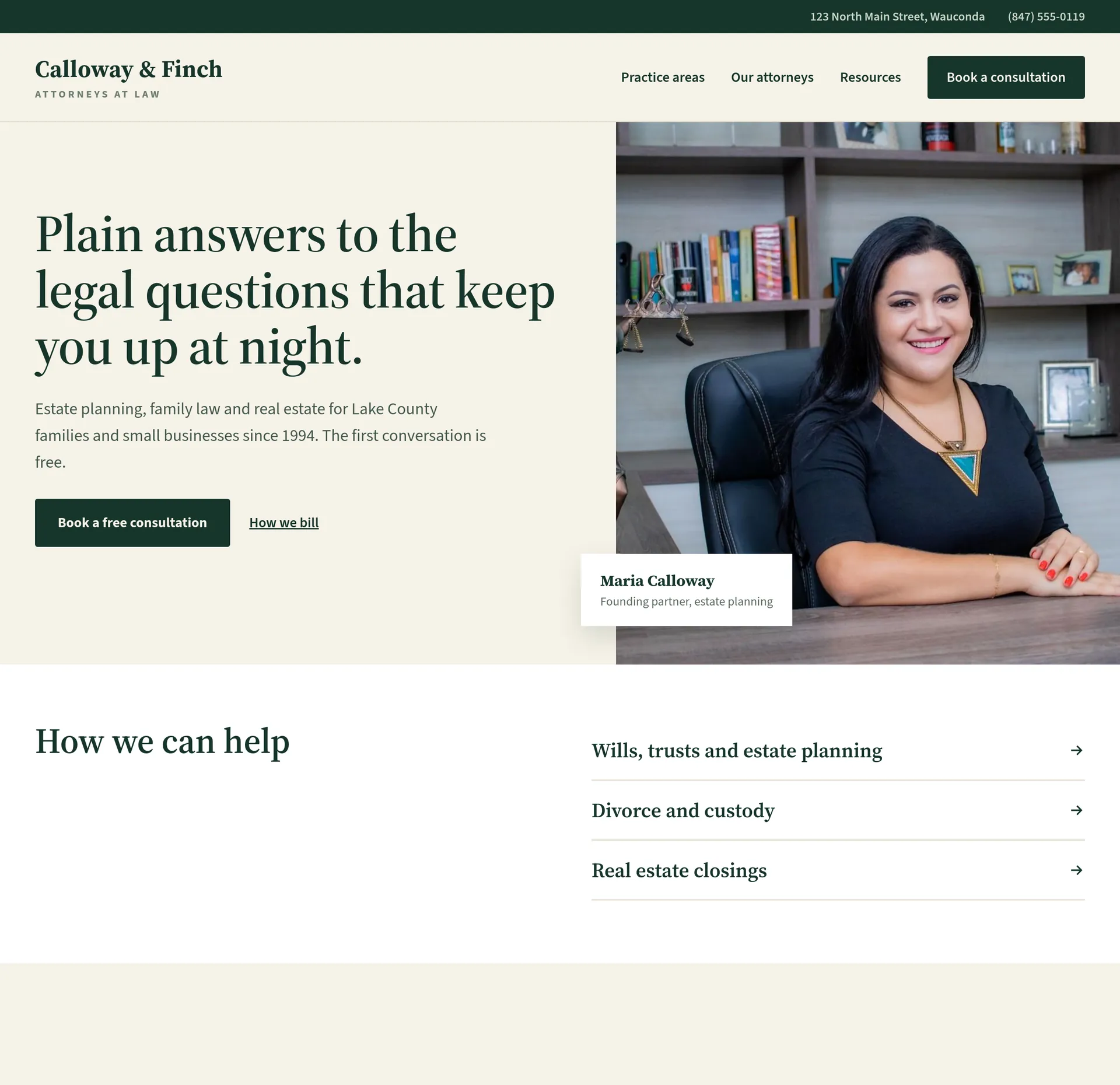 An example homepage for lawyers, accountants and consultants, with a large photo, a headline and the next section below