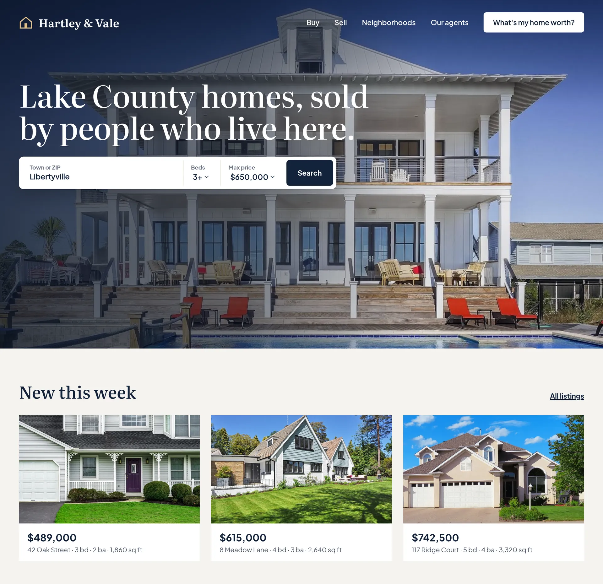An example homepage for real estate agents, with a large photo, a headline and the next section below