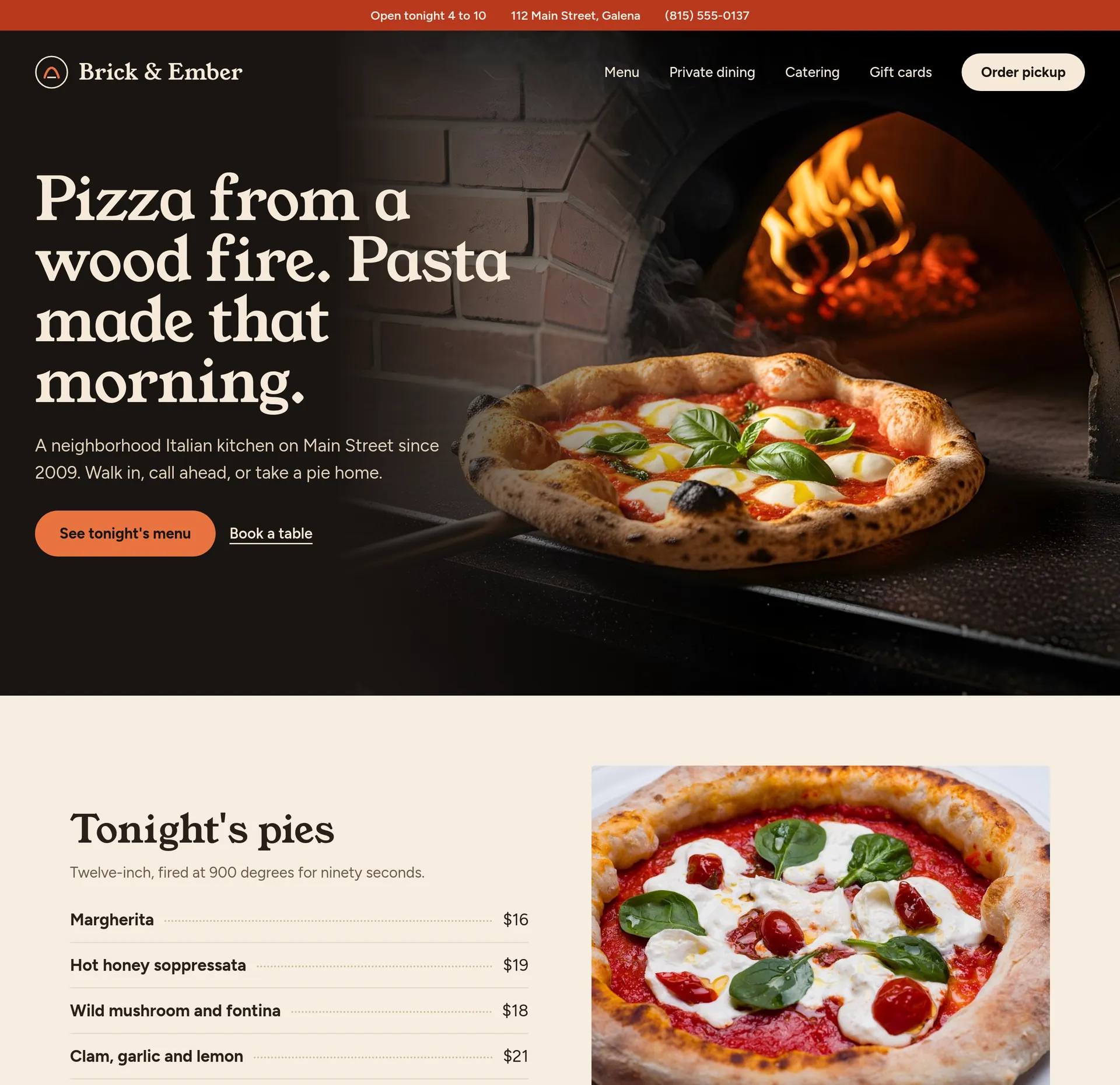 An example homepage for restaurants and cafes, with a large photo, a headline and the next section below