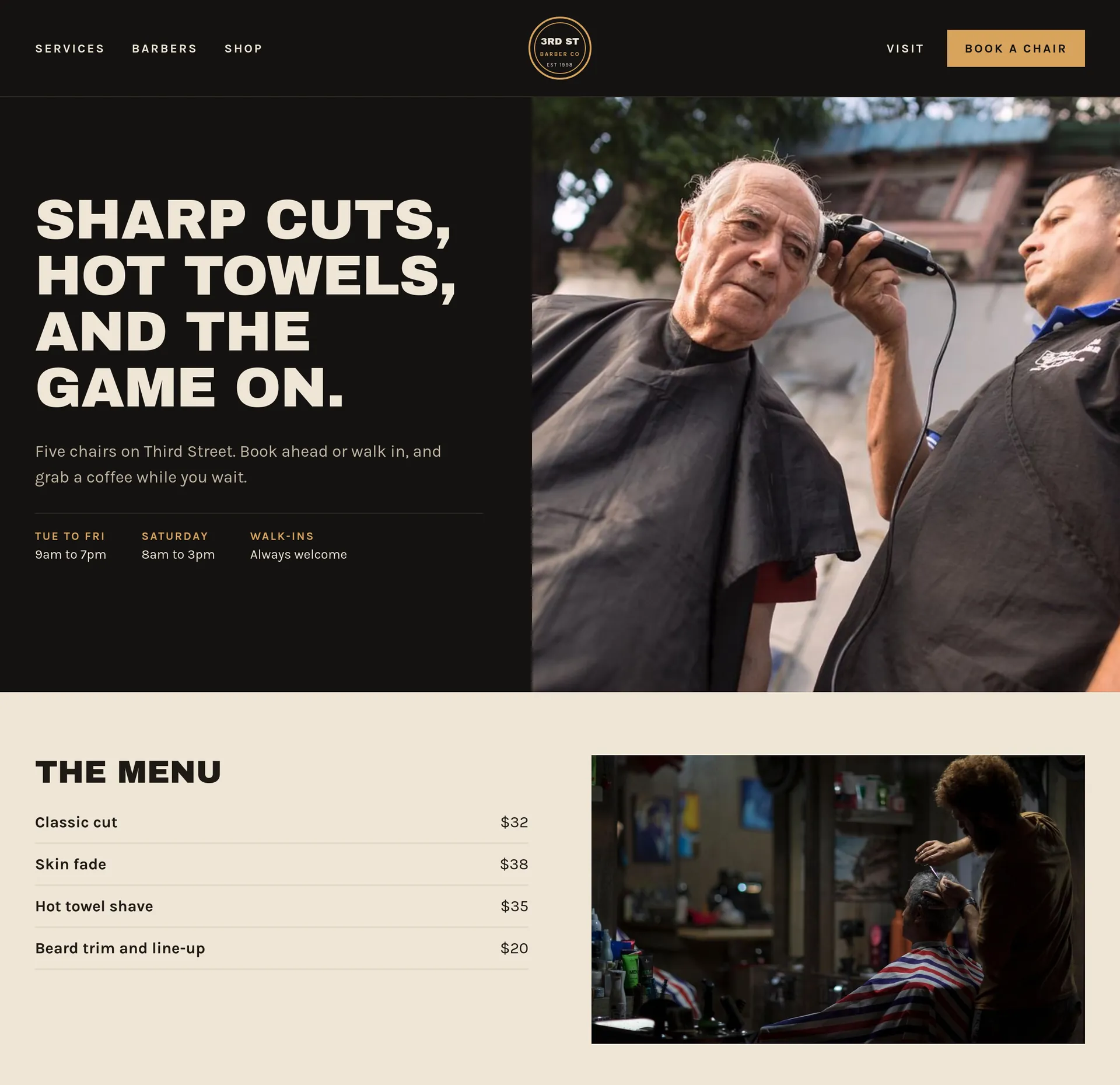 An example homepage for salons, barbers and spas, with a large photo, a headline and the next section below