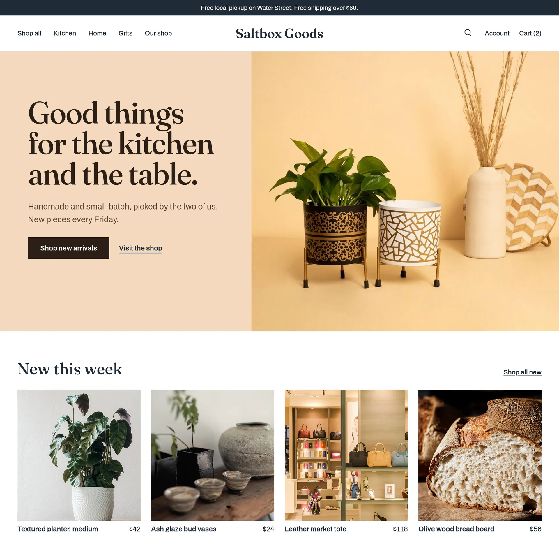 An example homepage for shops and online stores, with a large photo, a headline and the next section below